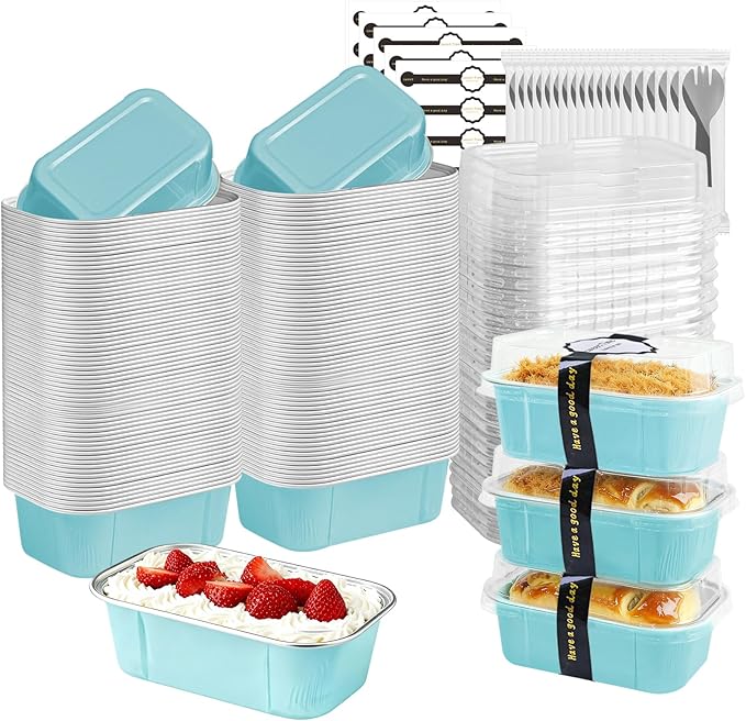 Mini Cake Pans With Lids And Spoons,5.5 oz Rectangle Mini individual Loaf Pans Disposable Aluminum Foil Small Baking Cups Tins (200, Wathet)