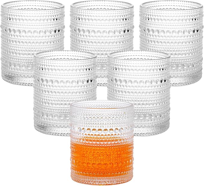 Moretoes Cocktail Glasses10 OZ Hobnail Drinking Glasses Set of 6 | Vintage Whiskey Glassware, Textured Glass Cups Bubble Glasses Water Glasses Old Fashion Jupiter Glasses Set (Clear)