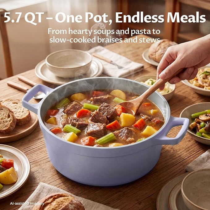 BEZIA 5.7 QT Lightweight Ceramic Nonstick Dutch Oven with Lid, Stock Pot | Versatile Cooking Pot for Soup, Family Stew & Braising, Oven Safe Casserole, Induction Ready, Easy to Clean, for 3-5 People