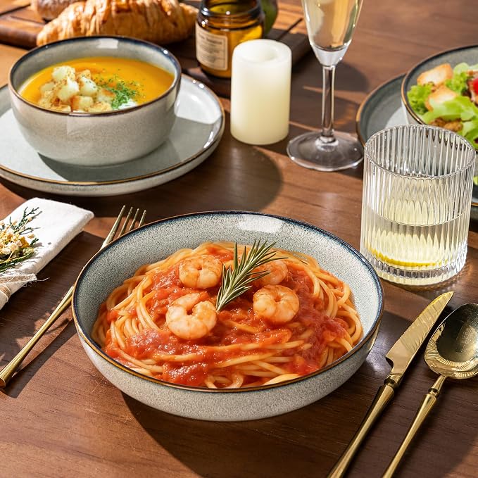 GBHOME Dinnerware Sets for 6, 24 Pieces Ceramic Plates and Bowls Set | Scratch Resistant Stoneware Dishes Set, Dishwasher & Microwave Safe, Reactive Glaze-Green Wheat