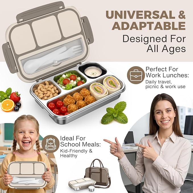 Stainless Steel Bento Box Adult Kids, Leakproof Metal Lunch Box Containers 4 Compartments, 32 Oz Reusable Food Storage Containers for Office and School, Brown