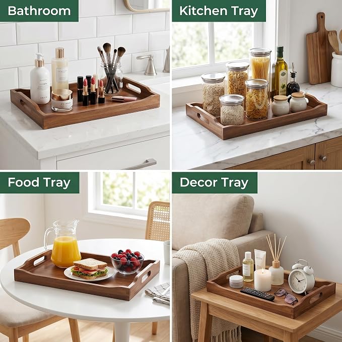 Acacia Wood Serving Trays with Handles, Rectangular Wooden Tray Set of 2 for Breakfast, Coffee Table, Ottoman, Kitchen, Dining, Party and Home Décor