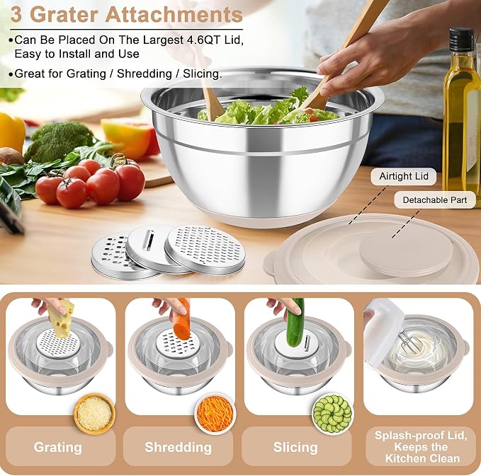 TeamFar Mixing Bowls with Colander, Stainless Steel Salad Bowls, Khaki | 4.6/ 3/ 1.5 QT Nesting Bowls Rotatable Fruit Strainer, with Lids & 3 Graters, Non-Slip Bottom & Visible Lid, Dishwasher Safe