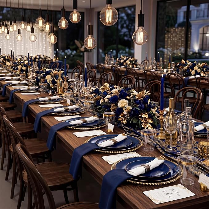 KIRE 350Pcs Blue and Gold Plates -Heavy Duty Navy Blue Dinnerware Set - 100 Plastic Plates 50 Pre Rolled Napkins with Gold Plastic Silverware 50 Cups for Party/Wedding/Birthday