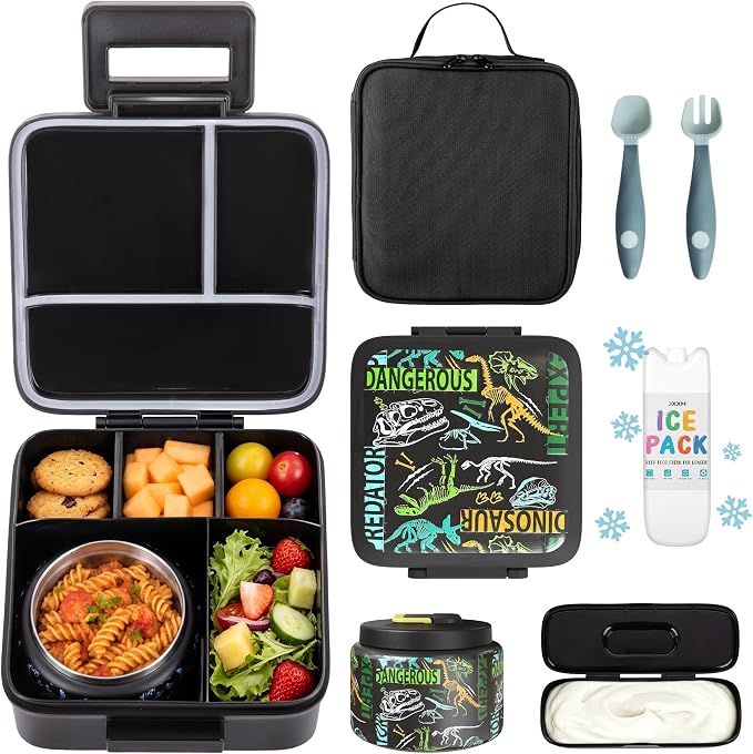 JXXM Bento Lunch Box for Kids With 8oz Soup thermo,Leak-proof Lunch Containers with 5 Compartment,thermo Food Jar and Lunch Bag, Food Containers for School (A-Black(Dinosaur Fossil))