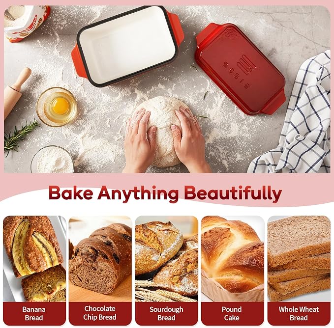 Enameled Cast Iron Dutch Oven for Sourdough Bread Baking, 9×5 Dutch Oven Pot with Lid, 2 in 1 Bread Pans with Lid for Baking, Roasting & Braising, Easy Release, Oven & Induction Safe (4.2 QT,Red)