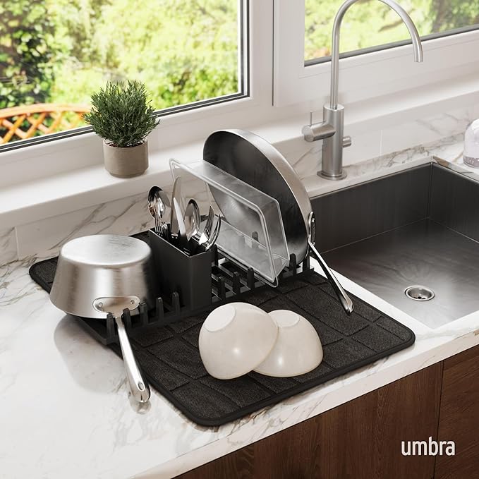 Umbra Udry Dish Drying Rack with Microfiber Mat, Foldable Drainer, Black | Machine washable, protects countertops, utensil holder, compact space saving design