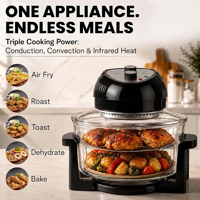 Granitestone 16 Qt Large Glass Air Fryer Non Toxic, Black | PFOA/PTFE/BPA Free, Large Family Sized Airfryer Cooker with 3 Cooking Sections, No Preheat, Self Cleaning, Dishwasher Safe
