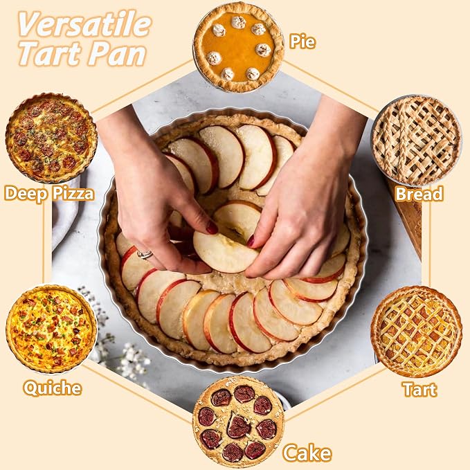 TeamFar Tart Pan, 9.5 Inch Stainless Steel Round Tart Pie Pan, 1PC | Metal Quiche Baking Dish with Fluted Side, for Baking Fruit Tarts Quiches Pies Mousse Cakes, Heavy Duty & Dishwasher Safe