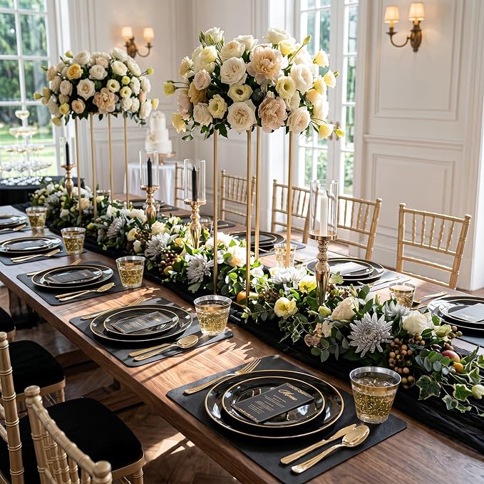 KIRE 350 PCS Black and Gold Plastic Plates - Plastic Dinnerware for Wedding | Include 100PCS Black Disposable Plates, 50PCSPre Rolled Napkins with Silverware & 50PCS Cups for Party/Halloween/New Year