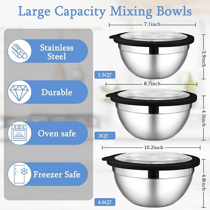 LIANYU Mixing Bowls Sets of 3, Stainless Steel Metal Bowl for Kitchen | Large and Small Size 4.6 & 3 & 1.5QT, Nesting and Stackable, Include Airtight Lids, Dishwasher & Freezer Safe, Black