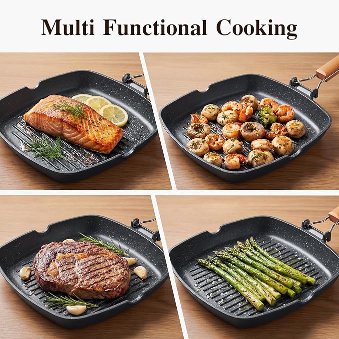 GiPP Nonstick Grill Pan with Folding Handle,Square Grill Skillet, Grilling Pan with Pour Spouts, Versatile Griddle Steak Pan for All Stove,PFOA Free,13.4 Inch