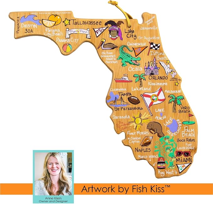 Totally Bamboo Florida State Shaped Cutting Board, Art by Fish Kiss | State charcuterie board with colorful hand-drawn map artwork. Smooth reverse side for food prep. Hang tie for wall display.