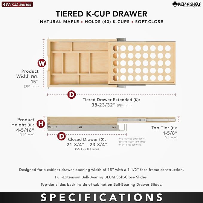 Rev-A-Shelf 15 Inch 2 Tiered Cutlery and Utensil Pullout Drawer Organizer with KCUP Tray and Soft-Close Slides, 4WTCD-18HSC-KCUP-1