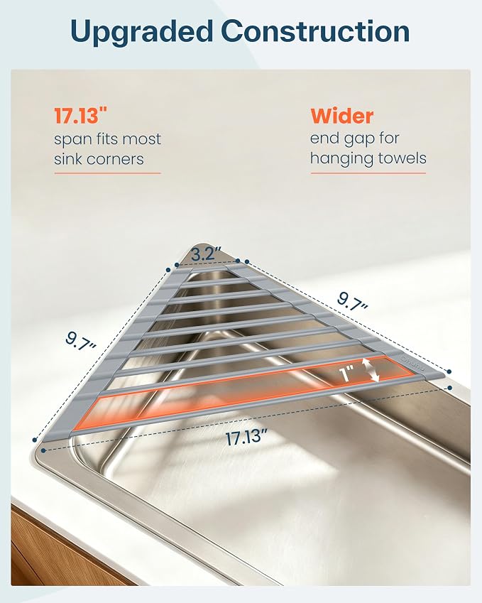Ohuhu Triangle Roll Up Dish Drying Rack, Silicone Wrapped Steel Anti-Slip Sink Corner Rack Caddy Multipurpose Strainer for Kitchen Sink Trivet Space-Saving