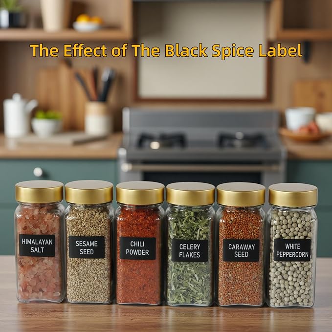 6 Pack Spice Jars with Labels - 4oz Square Glass Seasoning Containers with Shaker Lids & Airtight Metal and Plastic Caps - Complete Spice Organizer Set for Cabinet, Drawer & Rack (6)