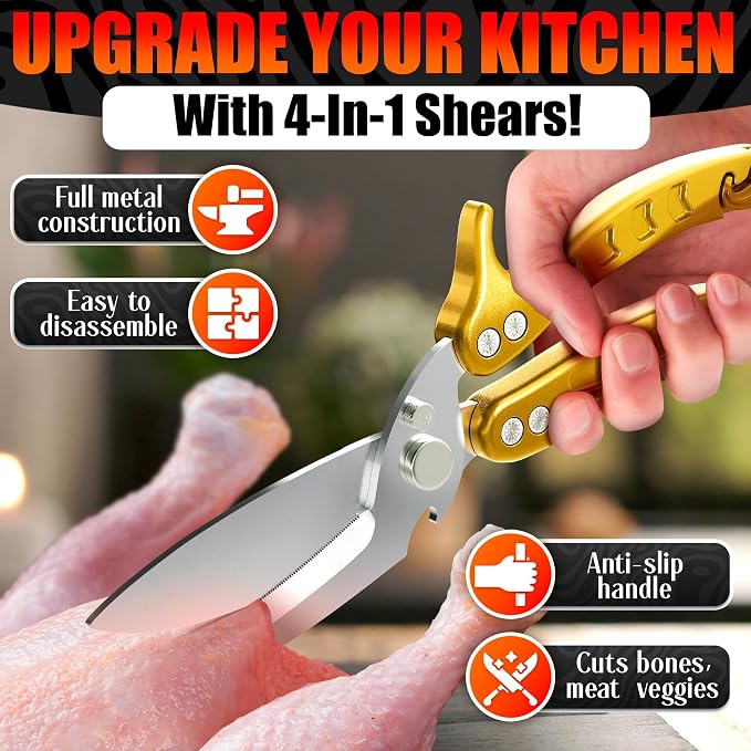 Kitchen Shears Heavy Duty, Safety Lock, Stainless Steel (Gold) | Poultry Shears for Chicken, Turkey, Spatchcock, Fish; Bone Cutting Scissors, Micro-Serrated, Spring-Loaded, Separate to Clean