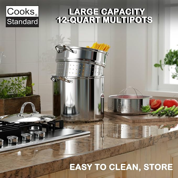 Cooks Standard 12 Quart Pasta Pot Set 4-Piece 18/10 (304) Stainless Steel | Multipurpose Stock Pot with Strainer Insert & Steamer Basket, Spaghetti Cooker with Lid, Induction Compatible
