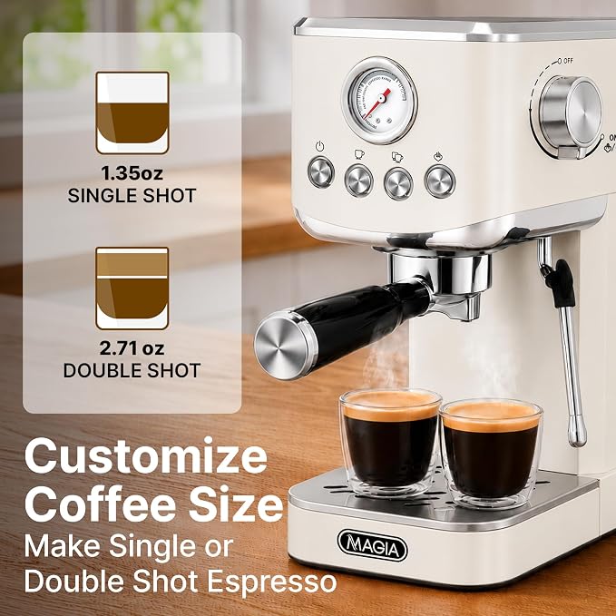 Zulay Kitchen Magia Compact Espresso Machine – 20 Bar Coffee Maker with Milk Frother Steam Wand, Latte & Cappuccino Maker, 1350W Fast Heating, 40oz Removable Water Tank, Stainless Steel – Cream
