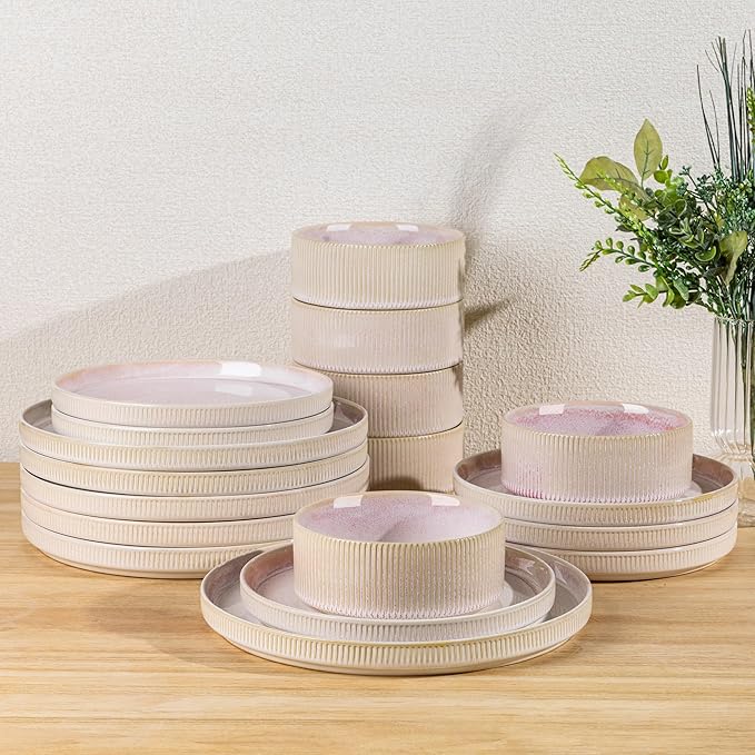 Ceramic Dinnerware Set for 6, 18-Piece Plates and Bowls Set | Lightweight Porcelain Dish Set, Scratch Resistant, Oven & Microwave & Dishwasher Safe, Primrose Pink