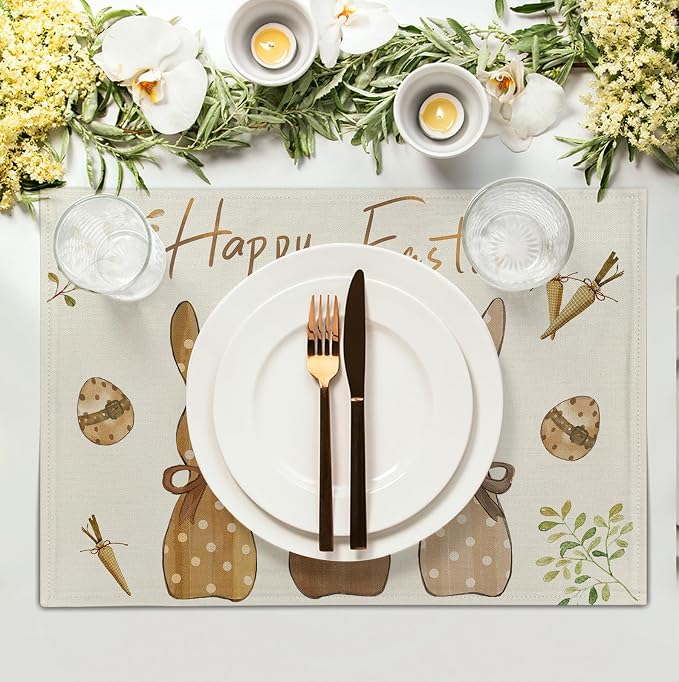 Happy Easter Bunny Placemats Set of 4 Easter Rabbit Egg Carrots Linen Fabric Table Mats Spring Seasonal Rustic Holiday Washable Place Mats for Party Kitchen Dining Indoor Decor 12x18 Inch
