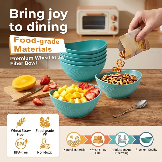 Cereal Bowls Sets of 6, Unbreakable & Stackable Wheat Straw Bowls 26oz, Reusable Plastic Bowls for Salad, Fruit, Ramen, Microwave Safe bowls for Camping, Restaurant, RV, Party - Green