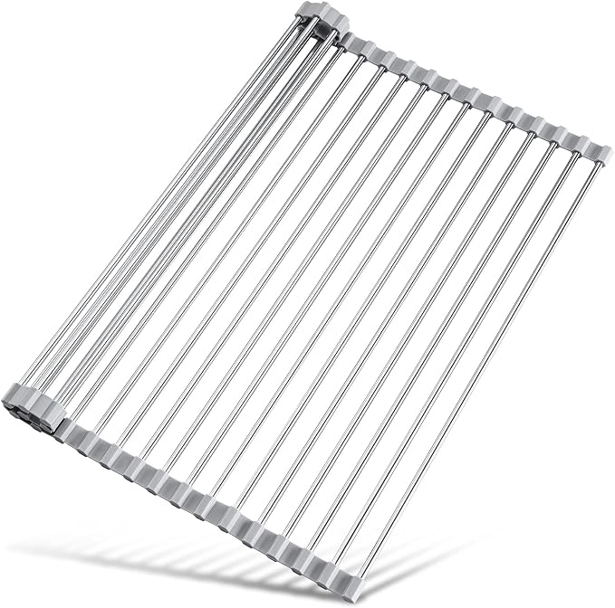Tomorotec Roll Up Dish Drying Rack Over Sink, 304 Steel, 21x15.5, Grey | Anti-Slip Silicone Rims For Grip, Heat-Resistant Trivet Mat Holding Heavy Cookware, Rustproof Kitchen Counter Space Saver