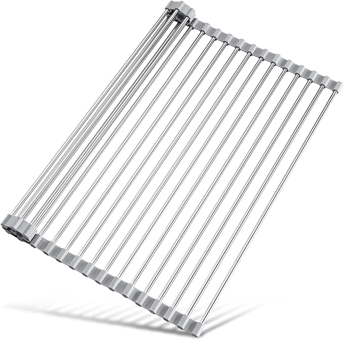 Tomorotec Roll Up Dish Drying Rack Over Sink, 304 Steel, 17.7x12.5, Grey | Anti-Slip Silicone Rims For Grip, Heat-Resistant Trivet Mat Holding Heavy Cookware, Rustproof Kitchen Counter Space Saver