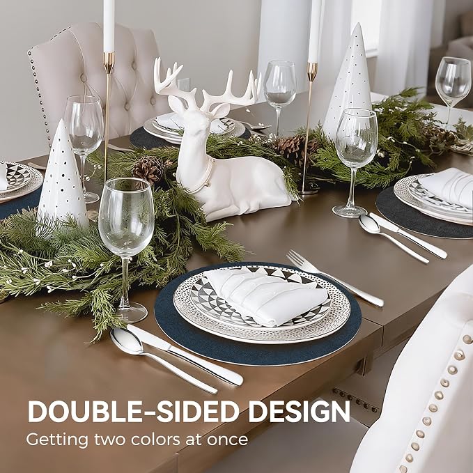 NCUE 13" Faux Leather Round Placemats Set of 6, Reversible Dual-Color | With 3.9" Coasters, 2 mm Vinyl Table Mats, Waterproof Wipeable Heat Resistant, Non-Slip Texture, for Dinner Party Home Decor