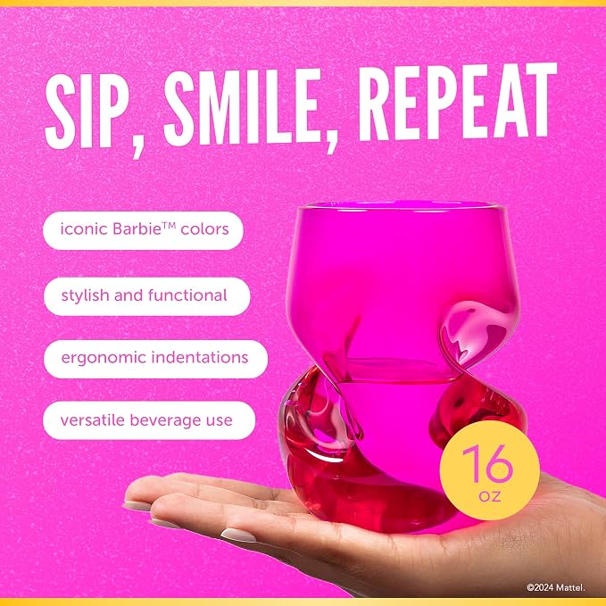 Dragon Glassware x Barbie Stemless Wine Glasses, 16 oz Set of 2 | Pink & Magenta Wine Glasses; Stemless Design with Finger Indentations; Aerates Naturally; Official Barbie Merch