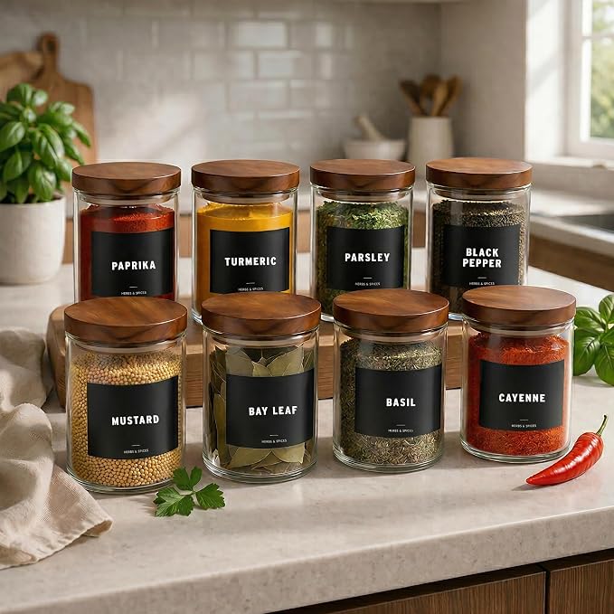 8 Pcs Glass Spice Jars with Acacia Airtight Lids and 120 Labels, 6oz Empty Containers Seasoning Bottles, Waterproof Minimalist Spice labels Preprinted, Jars for Pantry Organization and Storage