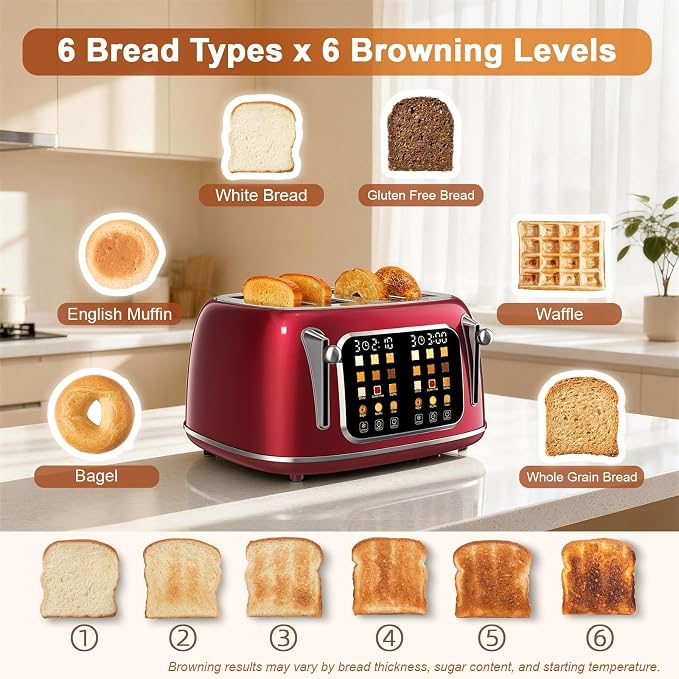 Mecity Toaster 4 Slice, Touch Screen Wide Slot Retro Toaster For Breads Bagel Muffin Waffle, House Warming Gift New Home, 120V 1650W, Red Pearl