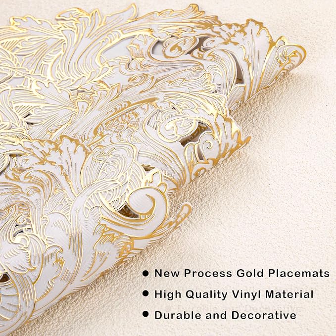 Evevda Gold Placemats Set of 6 Hollow Out Vinyl Dinner Table Mats | Non Slip Washable Place Mats for Dining Tables Kitchen Wedding Party Restaurant Decor