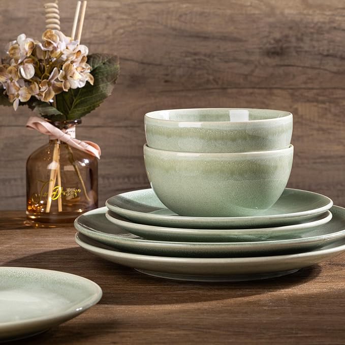 GBHOME Dinnerware Sets for 6, 24 Pieces Ceramic Plates and Bowls Set | Scratch Resistant Stoneware Dishes Set, Dishwasher & Microwave Safe, Reactive Glaze-Light Green