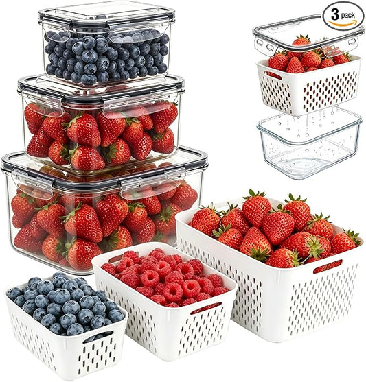 Runhike Strawberry Container Fruit Storage Containers for Fridge 3 PCS | Strawberry Basket Produce Storage Containers for Fridge, Fridge Organizers to Keep Blueberry Grape and Fruit Fresh Longer