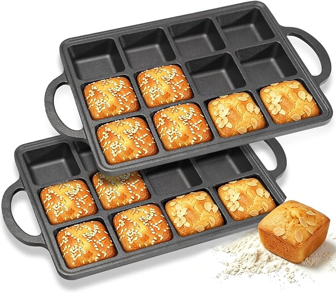 Flavehc 2Pack Cast Iron Brownie Pan with Dividers Individual 12 Cup Cavity Cast Iron Baking Pan for Brownies Square Muffin Pans Molds
