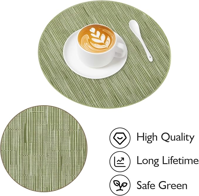 Round Placemats, Placemats Set of 4 Washable Place Mats, Green 15" | Easy to Clean, Heat Resistant Table Mats, Wipeable Linen Placemat for Holiday Party Kitchen Dining Table Decoration