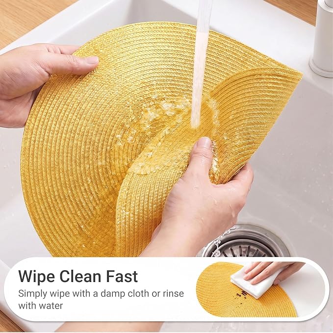FunWheat Round Braided Placemats Set of 4 Table Mats for Dining Tables Woven Washable Non-Slip Place mats 15inch (Yellow, 4pcs)