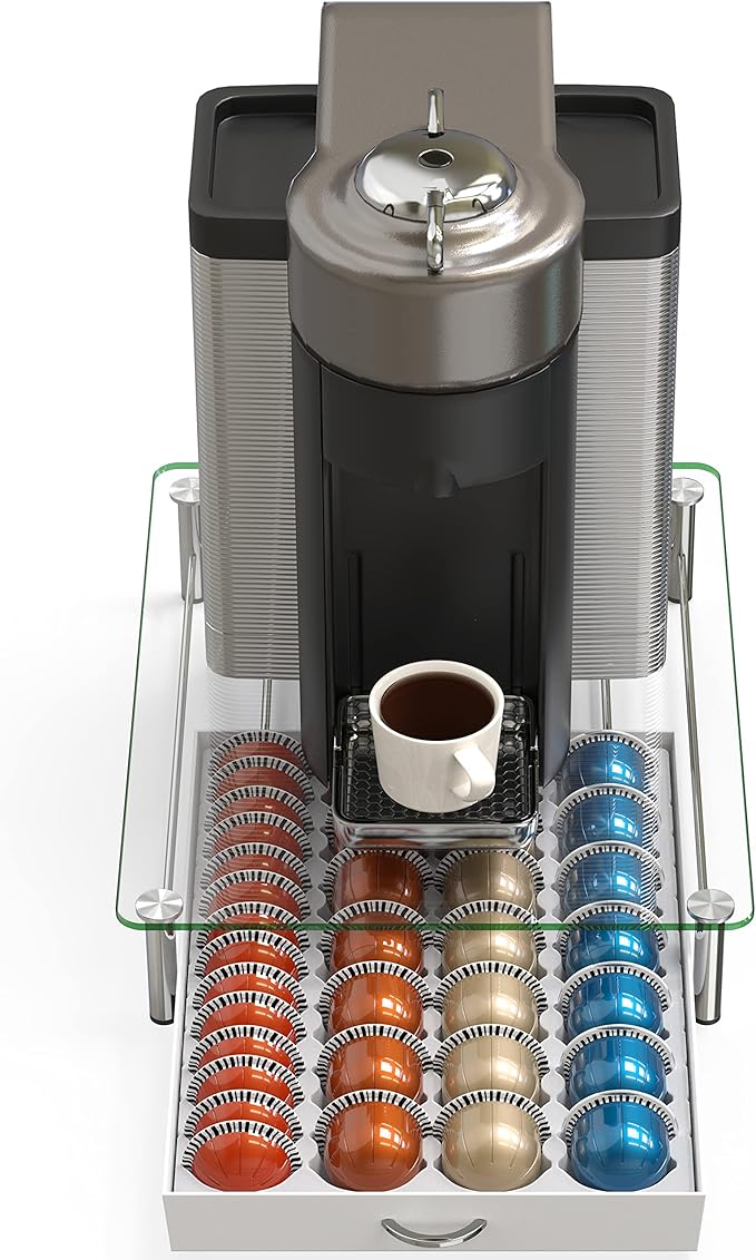 Deco Brothers Tempered Glass Vertuo Pod Holder, Fits 28 Large/56 Small Pods | Compatible with Nespresso Capsule, White