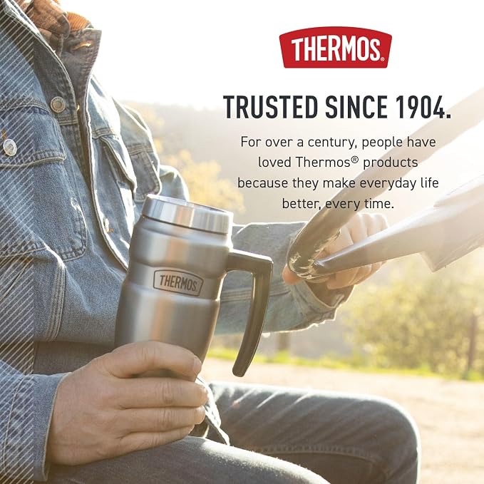 THERMOS Stainless King Travel Mug with Handle, 16oz, Army Green | Vacuum-Insulated Travel Mug with Handle for Hot & Cold Drinks, Stainless Steel Coffee Mug with Lid for Commuting
