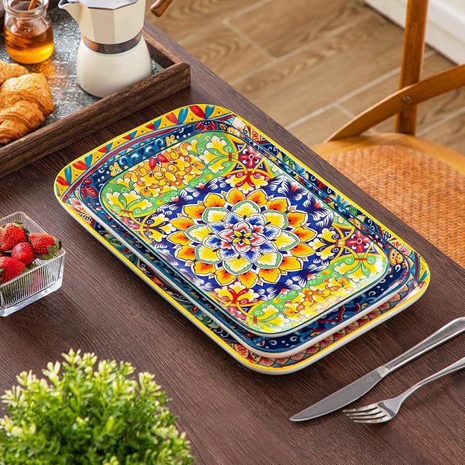 vancasso Serving Platters Set of 3, 16"/14"/12" In Rectangular Trays Retro | Ceramic Serving Dish for Entertaining Food, Microwave & Dishwasher Safe
