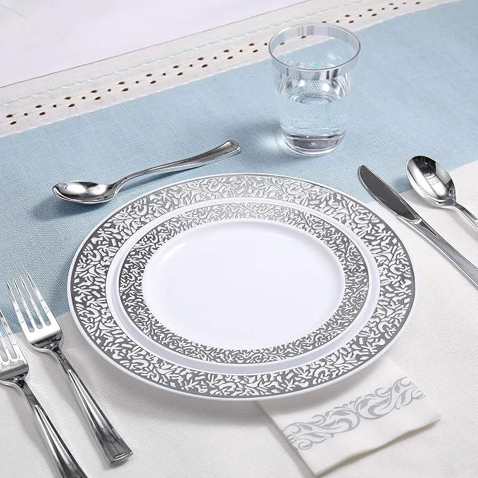 FOCUSLINE 350 Ct Silver Dinnerware Set for 50 Guests, Silver Lace Plastic Plates Disposable Heavy Duty, Including 50 Dinner & Dessert Plates, Cups, Napkins, Cutlery Set