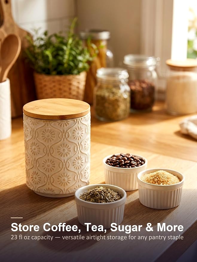 TEATALK Ceramic Canister with Airtight Lid, Perfect for Coffee, Sugar, Tea Storage, 23 Fl Oz, White