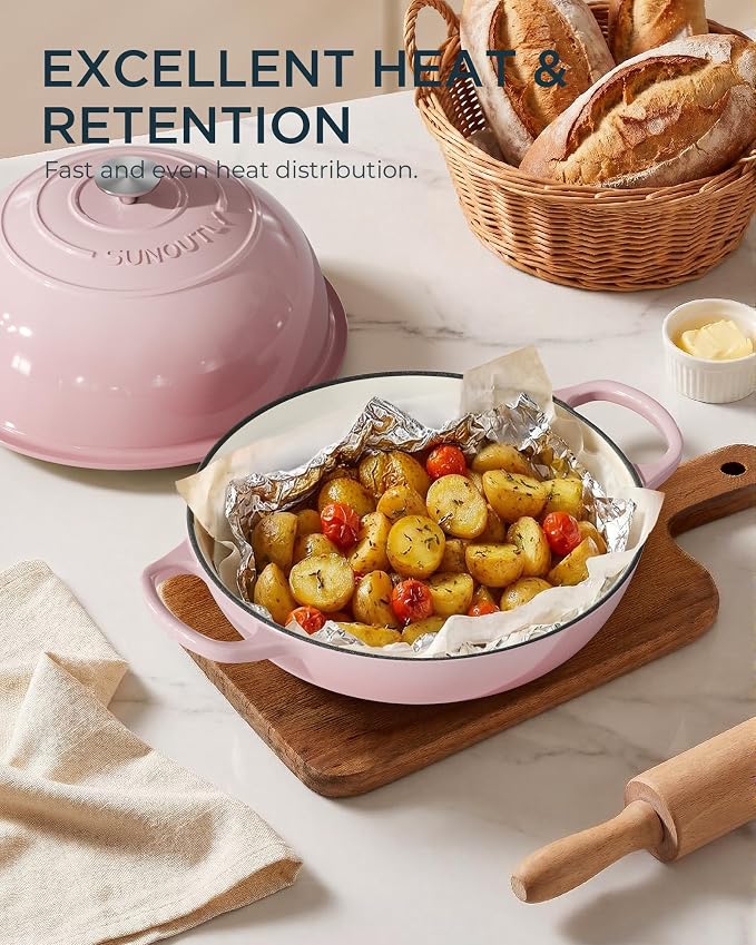 Enameled Cast Iron Bread Oven, 6QT Cast Iron Dutch Oven for Homemade Sourdough Bread Baking, Round Bread Pot with Dome Lid & Cotton Potholders, Gentle Pink