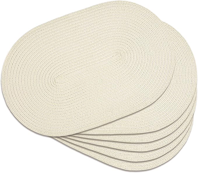 Placemats Set of 6, Woven Oval Braided Dining Table Mats(Cream White) | 12 x 17.5 Inch Size Fits Plates and Flatware; Hand Washable and Heat Resistant for Kitchen Use, with Farmhouse and Boho Style