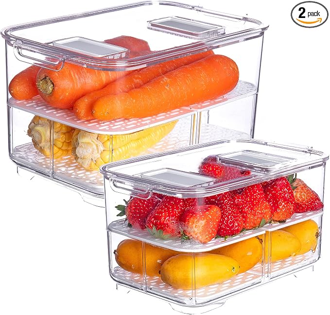 Produce Saver with Lids, 2 Piece Fruit Vegetable Storage Container with Vents Stackable Fridge Drawers Organizer Salad Lettuce Keeper For Refrigerator,Bpa-free Fresh Keeper,5.7L&2.8L