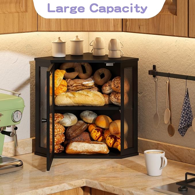 Corner Bread box for Kitchen Countertop,Farmhouse Bread Box with Acrylic Wavy Door Panel,Large Bread box for kitchen countertop, Food Storage Container (Black, Extra Large)