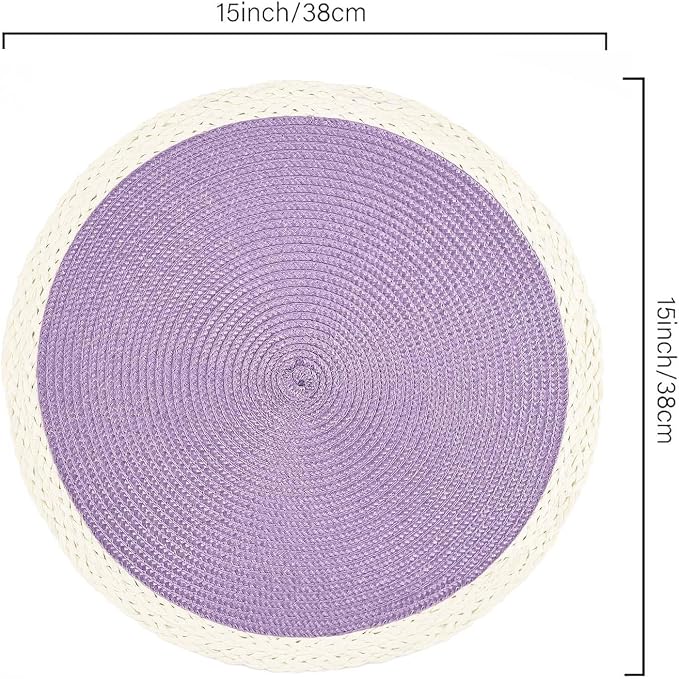 Round Placemats Set of 6, Woven Table Mats, Mint Purple | Braided Paper Edge, 15 Inch Diameter, Fits Dinner Plate and Flatware, Wipeable, Heat Resistant, Indoor Dining, Outdoor Patio