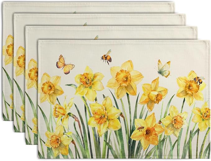 Spring Daffodils Placemats Set of 4 Watercolor Yellow Flower Table Mats Summer Farmhouse Floral Heat Resistant Washable Placemat for Party Kitchen Dining Table Decor Indoor Outdoor 12x18 Inch