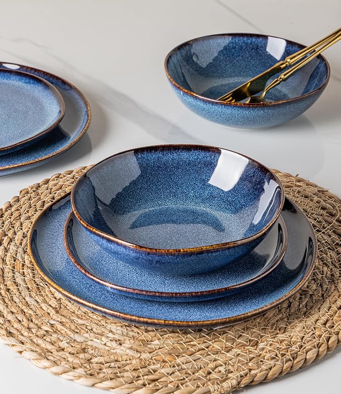 GBHOME Stoneware Dinnerware Sets for 8,24 Piece Rustic Plates and Bowls Set | Earthenware Handmade Reactive Glaze Plate Sets, Chip Resistant Ceramic Dishes, Microwave & Dishwasher Safe, Sea Blue